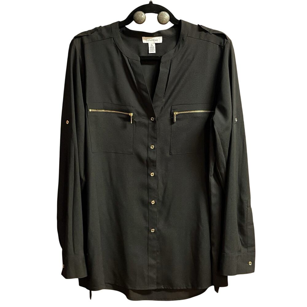 Calvin Klein Blouse Size Large Black w/ Gold Findings Long Sleeve V Neck Pockets